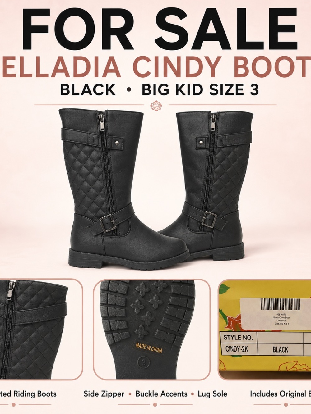 NWT Ella Black Quilted Kids Riding Boots with Buckle